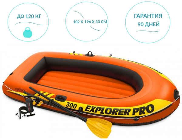 58357 Лодка Explorer Pro 200, 102 х 196 х 33 см, 2 местая, вёсла, насос, от 6 лет, до 120 кг