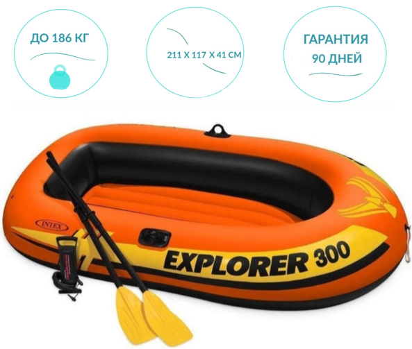 58332 Лодка Explorer 300, 211 х 117 х 41 см, 3 местная, вёсла+насос, до 186 кг
