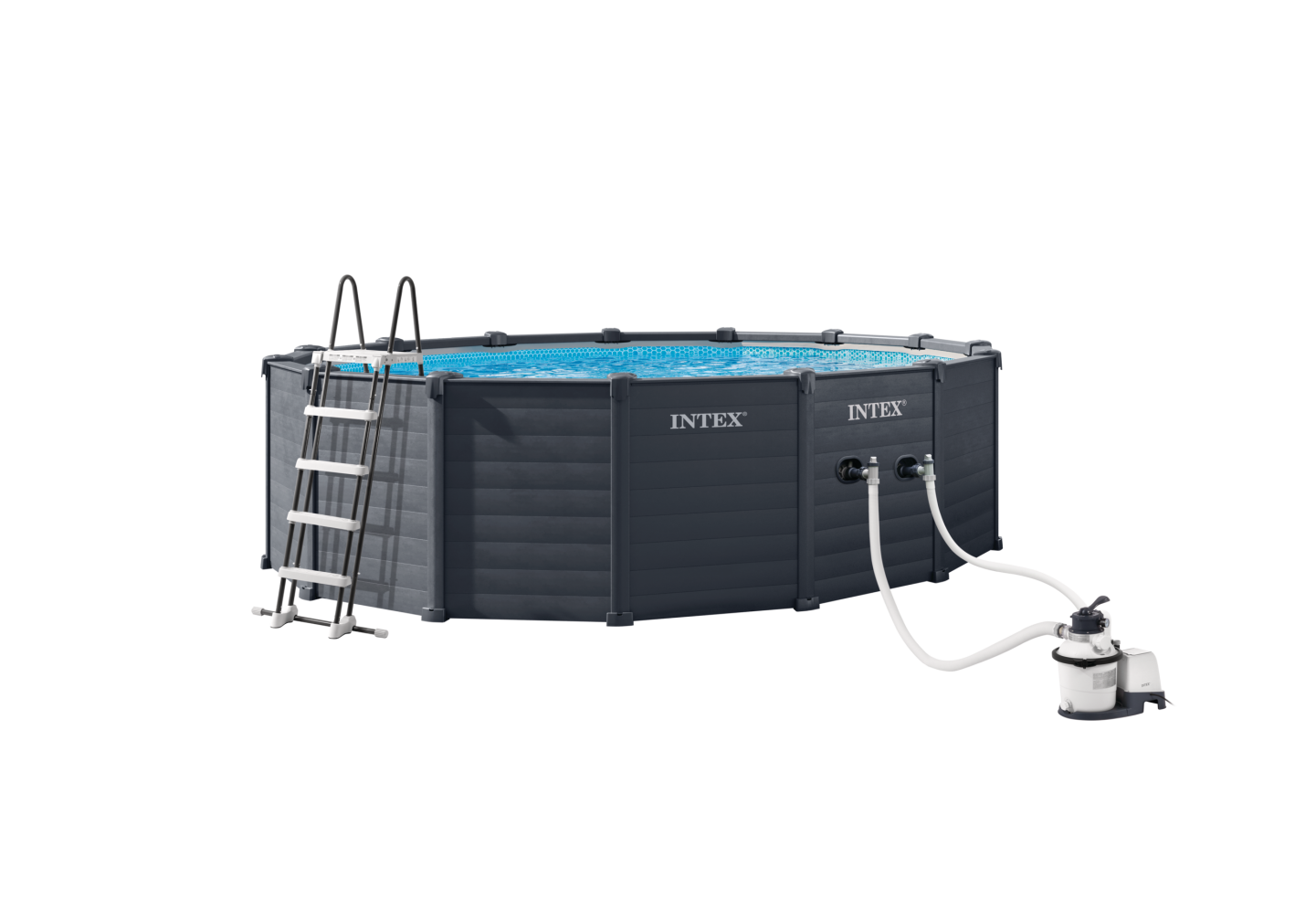 26384 Каркасный бассейн Graphite Gray 478 х 124 см, песчаный фильтр-насос, лестница, тент, подстилка